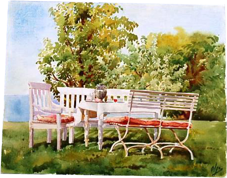 Original Signed Watercolour Of Table And Seating In - Hvidøre (458x458), Png Download