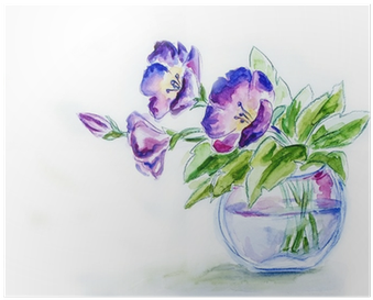 Spring Flowers In Vase, Watercolor Illustration Poster - Obraz Niebieski Kwiat 33 X 24 Cm (400x400), Png Download