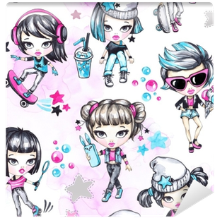 Watercolor Seamless Pattern With Fashion Teenagers - Design (400x400), Png Download
