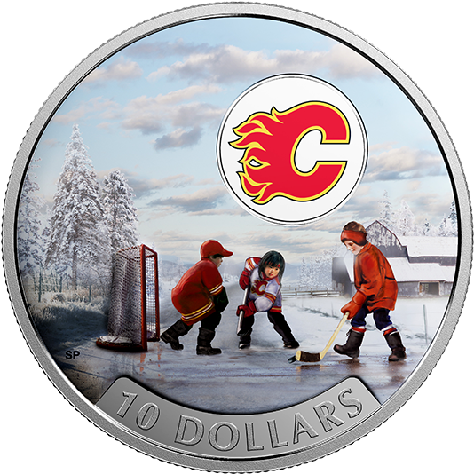 Pure Silver Coloured Coin Passion To Play - 2009 Nhl Puck & 50 Cent Coin Set - Calgary Flames (570x570), Png Download
