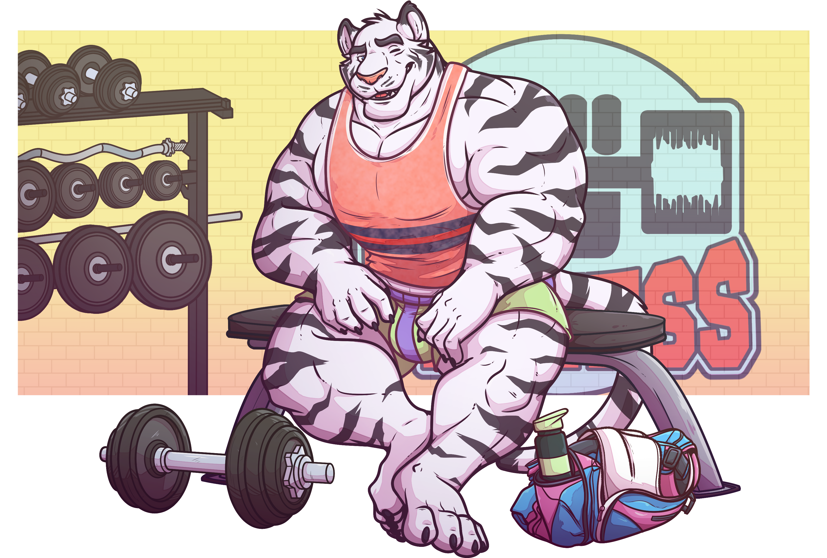 Dumbbell Clipart Male Fitness - Tiger Muscle Cartoon (3455x2280), Png Download