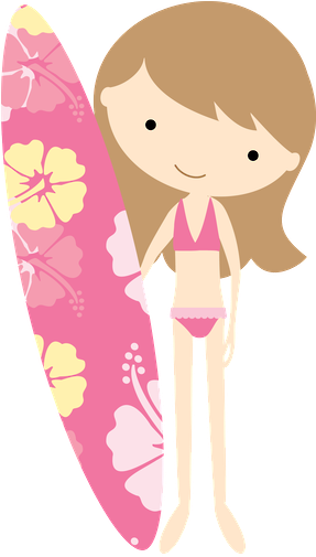 Brown Haired Girl With Surfboard - Luau Party Clip Art (286x564), Png Download