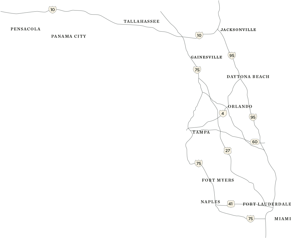 Florida Map Displaying Roads And Cities Florida Map - Map (1200x1016), Png Download