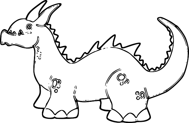 Dragon, Outline, Art, Dangerous, Horns, Teeth, Spikes - Dinosaur Birthday Card Coloring (640x418), Png Download