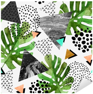 Watercolor Tropical Leaves And Textured Triangles Background - Tropical Leaves (400x400), Png Download