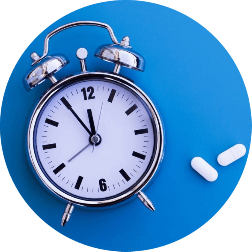 Alarm Clock On A Blue Surface With Xanax Pills Beside - Pharmaceutical Drug (835x835), Png Download