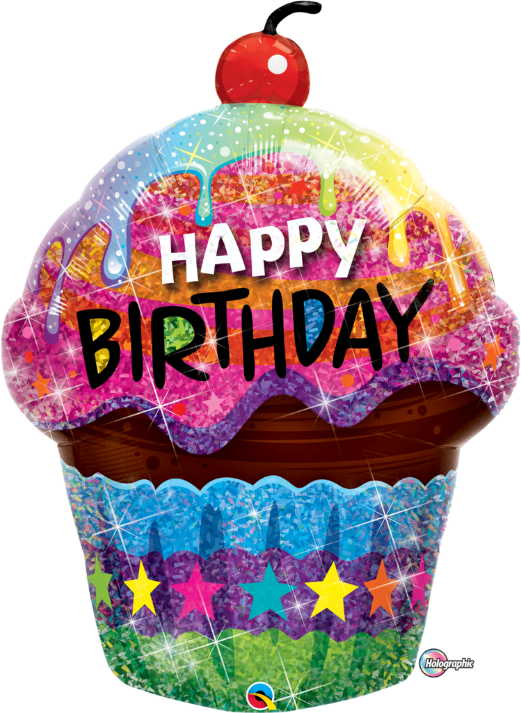 Dazzling Holographic Birthday Cupcake Balloon - Happy Birthday Cupcake Foil Mylar Balloon (1024x1024), Png Download