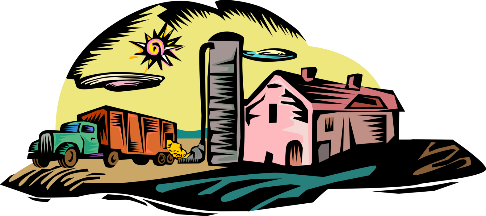 Farm Vehicle Unloads Grain Into Silos - Grain (1574x700), Png Download