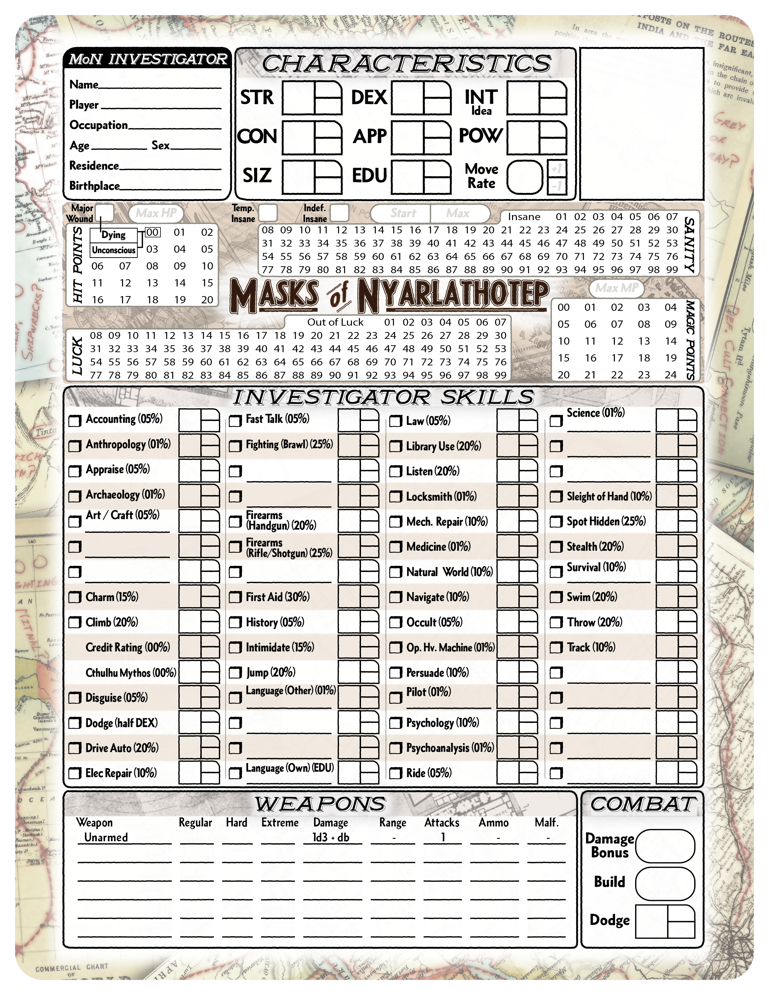 Call Of Cthulhu 7th Edition Masks Of Nyarlathotep Sheet - Call Of Cthulhu 7th Edition Character Sheet (2550x3300), Png Download