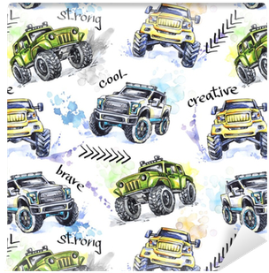 Watercolor Seamless Pattern Cartoon Monster Trucks - Car (400x400), Png Download