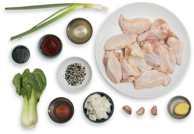 Spicy Korean Chicken Wings With Rice Cakes & Baby Bok - Recipe (700x477), Png Download