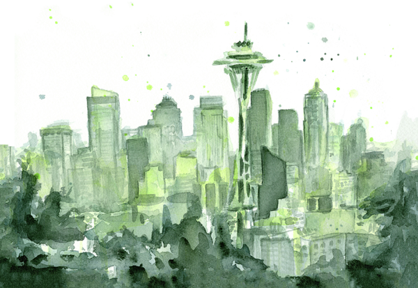 Click And Drag To Re-position The Image, If Desired - Seattle Watercolor (600x413), Png Download