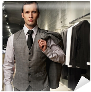 Businessman In Classic Vest Against Row Of Suits In - Black Neck Tie For Men - By Harvest Male (400x400), Png Download