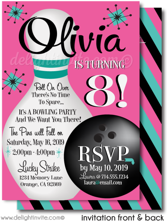 Retro Bowling Party Invitations For Girls - Bowling Birthday Invitations (560x761), Png Download