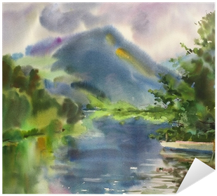 Mountain Lake Landscape Painted By Watercolor Sticker - Watercolor Painting (400x400), Png Download