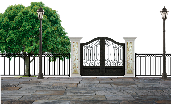Park Entrance Gate Fence Pillars Lamps Pos - Puerta De Un Parque (546x340), Png Download