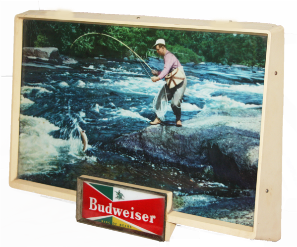 Vintage 1950's Budweiser Lighted Bar Sign Half Pond - Fly Fishing (600x600), Png Download