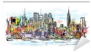 Watercolor Splash With Hand Drawn Sketch Of New York - Drawing (400x400), Png Download