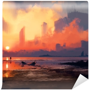 Man On Sea Beach Looking At Skyscrapers At Sunset,illustration - Latitude Run Kylie Graphic Print And Text Semi-sheer (400x400), Png Download