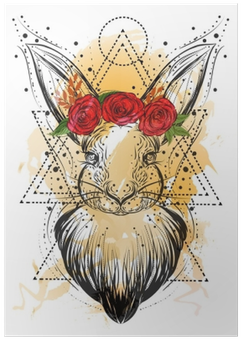 Bohemian Illustration With Hand Drawn White Rabbit - Ilustración Conejo Vintage (400x400), Png Download