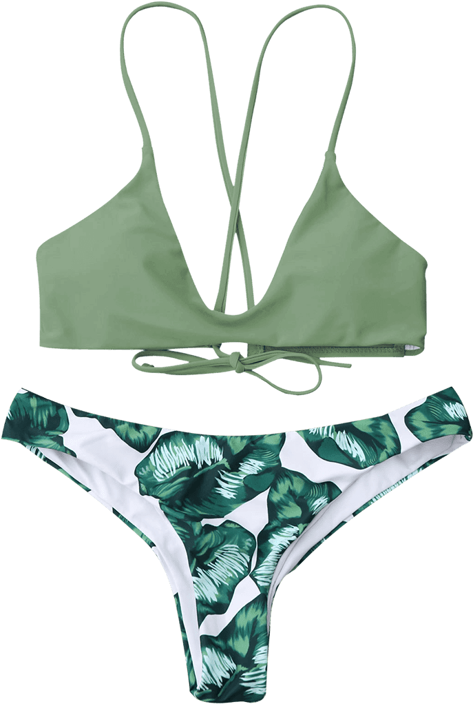 Dropshipping Womens High Waisted Bikini,plus Size Swimwear - Zaful Palm Leaf Cami Bralette Bikini Set. (800x1064), Png Download