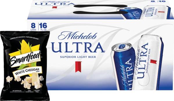 00 For Michelob Ultra® And Smartfood® Popcorn Combo - Michelob Ultra Light Beer, 8 Pack, 16 Fl Oz (600x347), Png Download