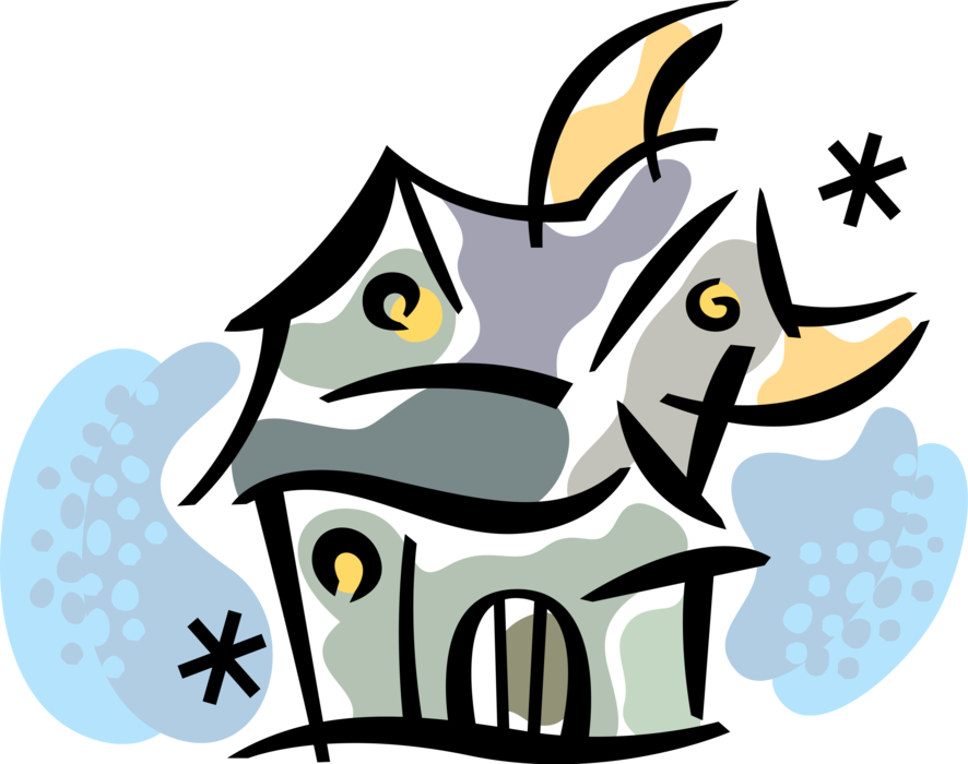 Vector Illustration Of Halloween Haunted House At Night (886x700), Png Download