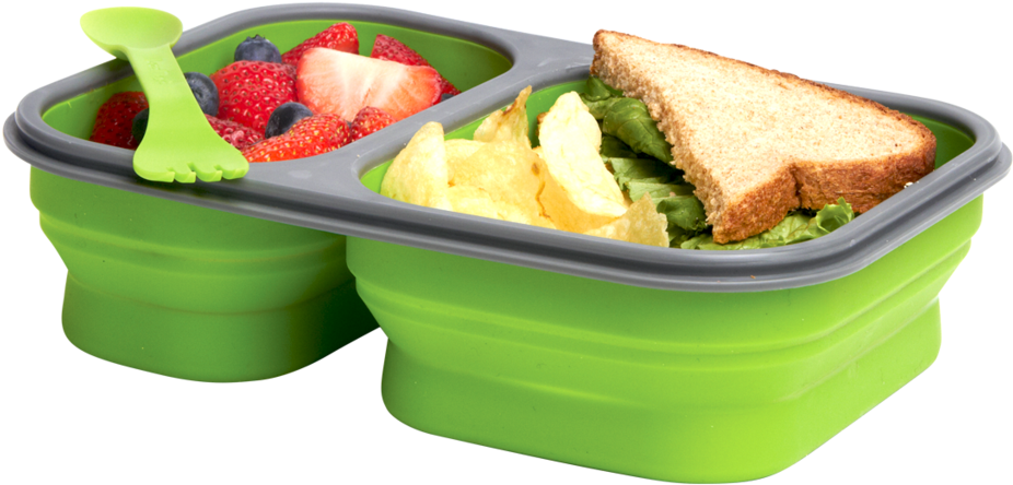 Green Collapsible Luchbox With Spork That Has Two Compartment - Eco Plastic Collapsible Single Section Lunch Kit (green) (1024x1024), Png Download
