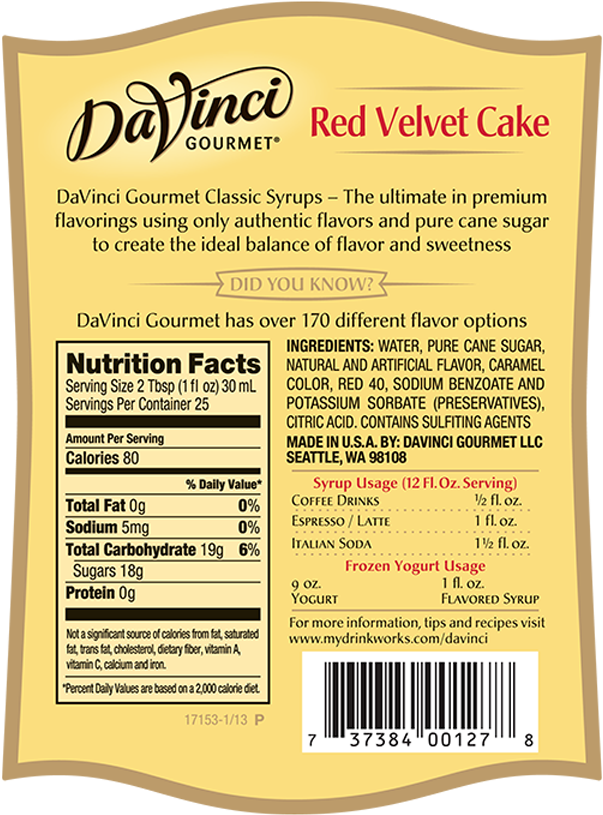 6073738400127 Dvg Classic Red Velvet Cake - Davinci Gourmet Classic Flavored Syrups Cherry 750 (1200x1200), Png Download