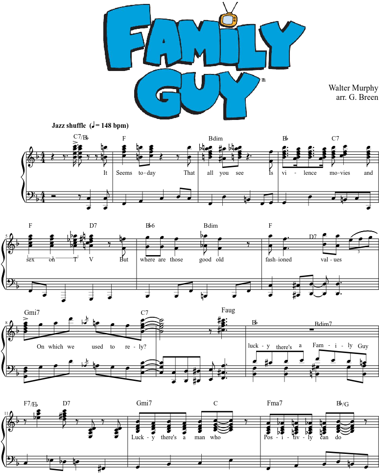 Sheet Music Composed By Walter Murphy Arr - Family Guy Piano Sheet Music (850x1100), Png Download