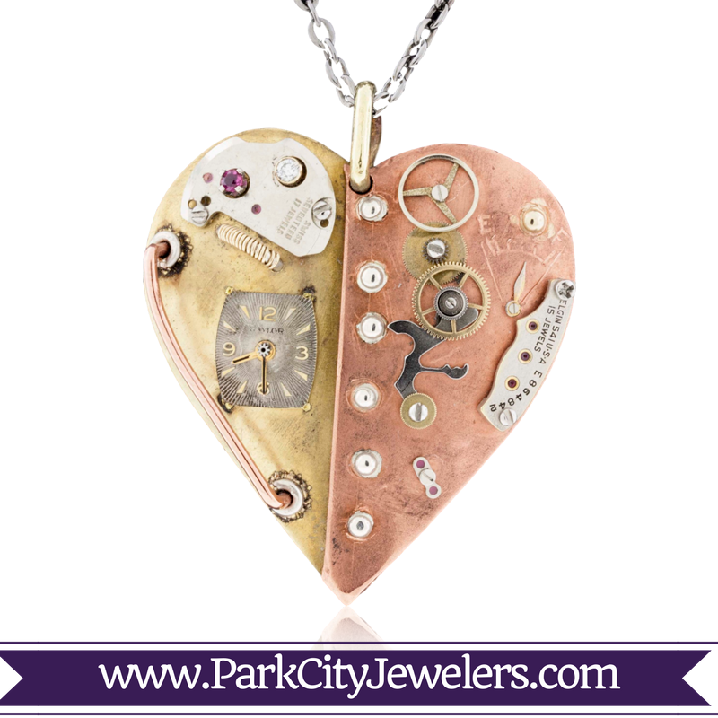 Sterling Silver, Copper Geared Steampunk Heart Necklace - Peridot And Diamond Halo Ring (760x760), Png Download