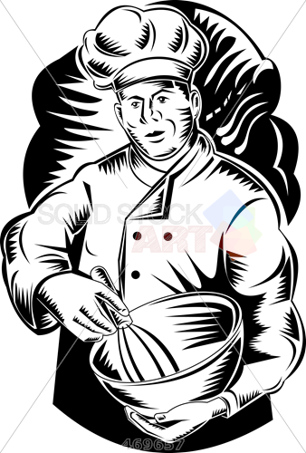 Stock Illustration Of Old Fashioned Cartoon Rendition - Greeting Card Universe Baker Chef Cook Mixing Bowl (338x500), Png Download