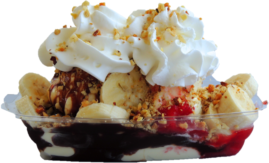 Deep Fried Bananas & Ice Cream Png - Qt Frozen Yogurt Banana Split (1100x753), Png Download