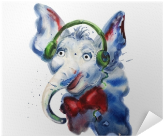 Watercolor Close Up Portrait Of Elephant In Headphones - Photograph (400x400), Png Download