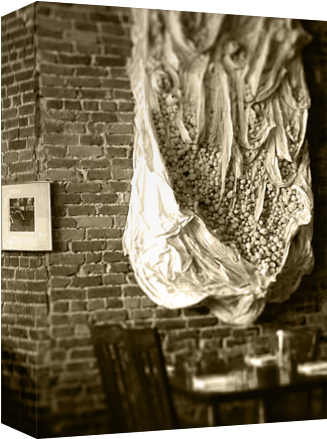 Farmer's Cafe Brick Wall And Draped Wall Hanging Vintage - Relief (674x516), Png Download