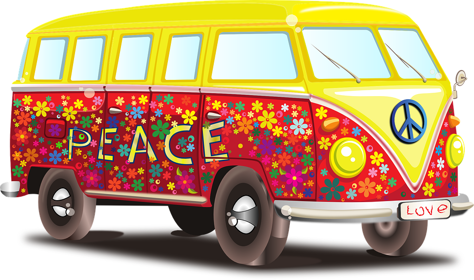 Hippy Vw Bus Clip Art At Clker - Peace And Love Bus (600x355), Png Download