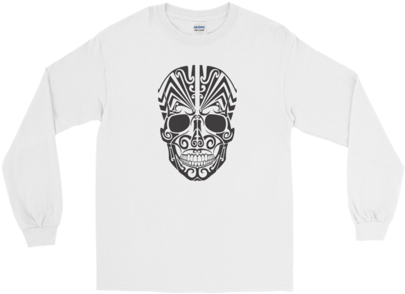 Halloween Tattoo Skull Long Sleeve T-shirt White Unisex - White Long Sleeve T Shirt Png (600x600), Png Download