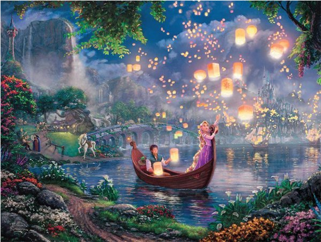Thomas Kinkade - Disney - Tangled - Large Piece - Thomas Kinkade Disney 750 Piece Puzzle - Rapunzel (640x640), Png Download