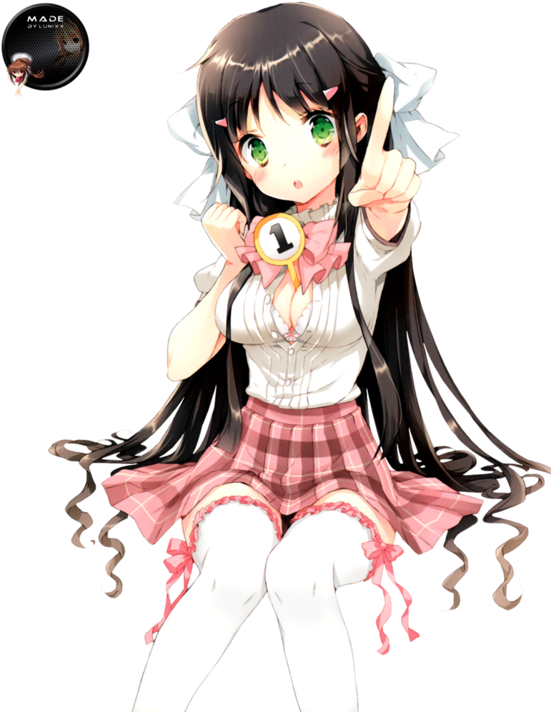 Brown Hair, Green Eyes, White-pink Dress - Chica Anime Sentada Png (792x1009), Png Download