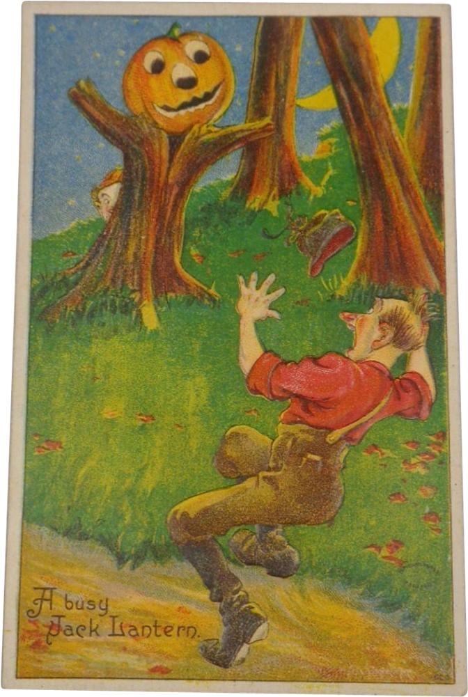 Vintage Halloween Postcard Pumpkin Tree Scares Man - Kürbislaterne-kürbis-monster-halbmond-mond Karte (1000x1000), Png Download