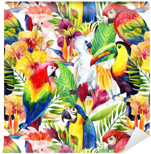 Watercolor Parrots With Tropical Flowers Seamless Pattern - Tropical Birds Pillow Case (400x400), Png Download