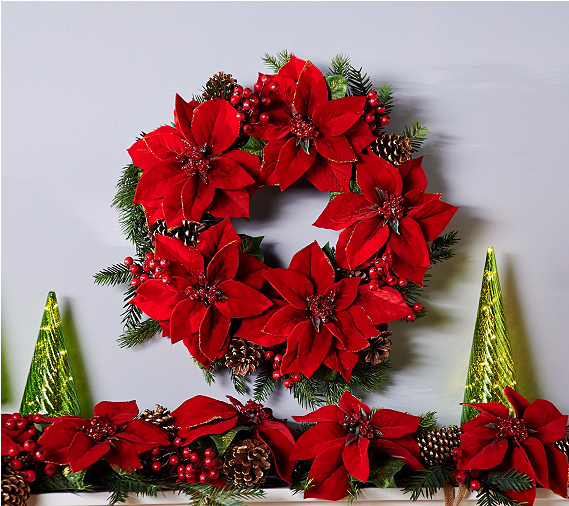 22" Glitter Velvet Poinsettia And Pinecone Wreath (800x505), Png Download