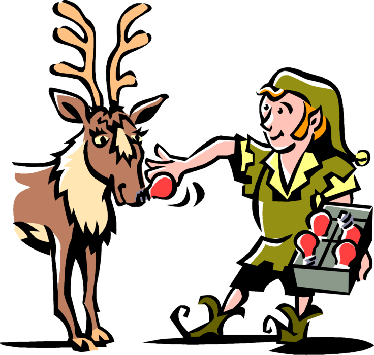 Elf Putting On Rudolph's Red Nose Royalty Free Vector (480x461), Png Download