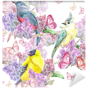 Nice Seamless Texture With Birds On Branch Flowering - Watercolor Painting (400x400), Png Download
