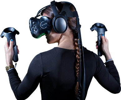 Htc Vive Lady Using Virtual Reality - Vive Virtual Reality Png (556x363), Png Download
