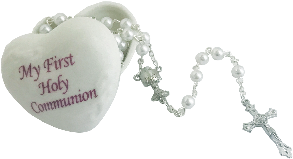 First Communion Keepsake Box With Rosary - First Communion Porcelain Pink Heart Rosary Keepsake (1280x1280), Png Download