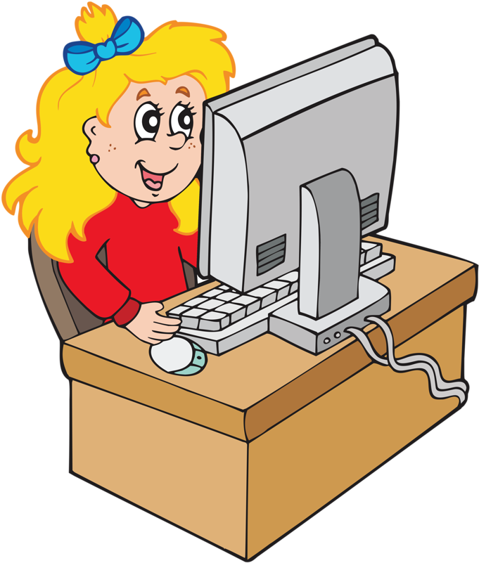 Cartoon Girl Working With Computer Png Pinterest - Cartoon Girl Sitting At Computer (712x800), Png Download