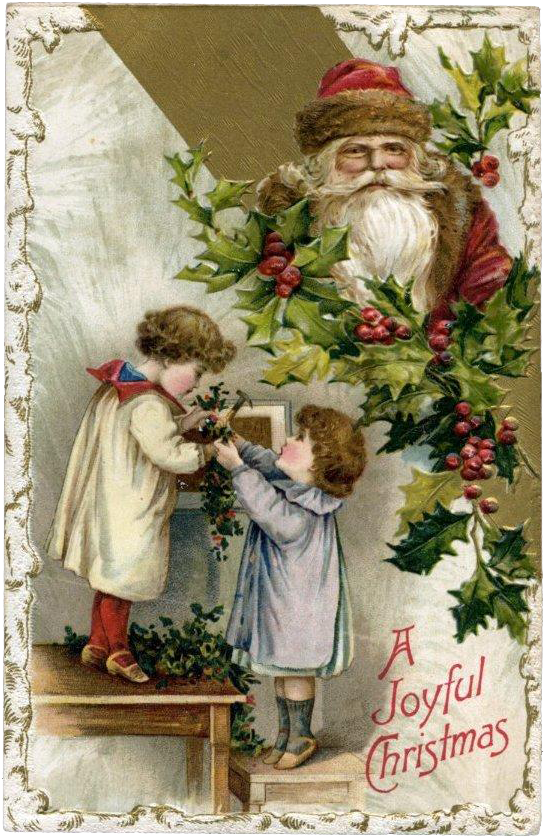 1910s Santa, Children Hanging Holly Berry Garland, - Vintage Christmas Santa Claus Oval Ornament (836x836), Png Download