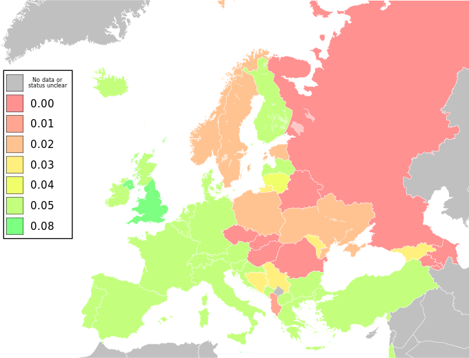 Map Of European Countries By Maximum Blood Alcohol - Standard & Poor's Europe (680x520), Png Download