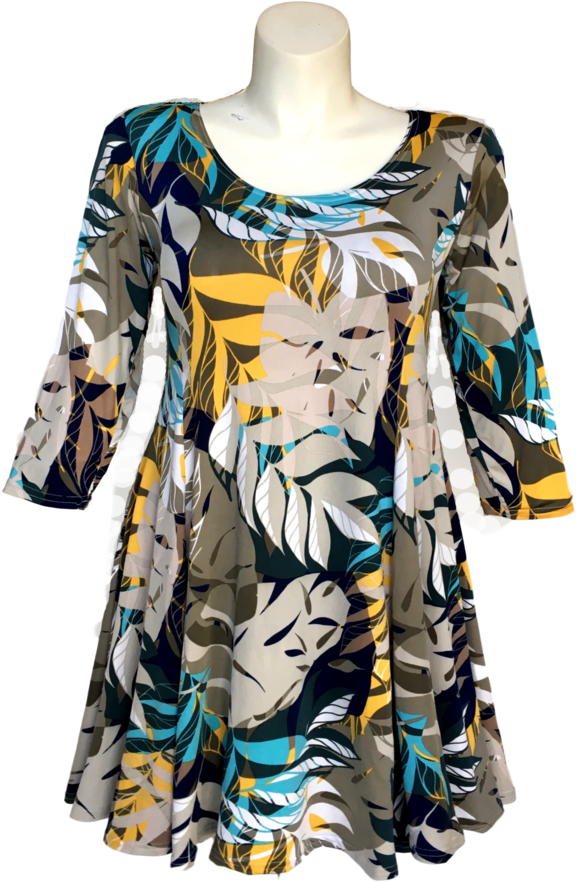 Contemporary Leaf Print Dress In Gold Taupe Green Navy - Dress (731x1024), Png Download